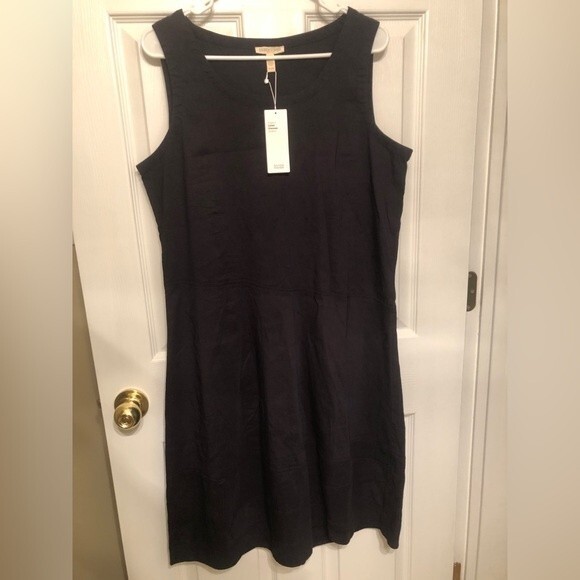 Eileen Fisher Petite Sz PL Organic Linen Viscose Stretch Lantern Dress Ink NWT - Picture 1 of 10